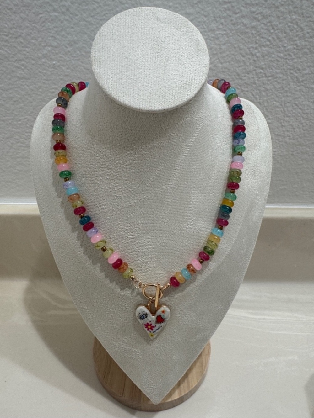 Multicolor Bead Necklace with Floral Heart Pendant